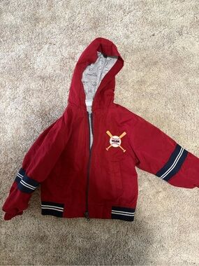 Boys Red Hooded Puffer Jacket with Baseball Patch